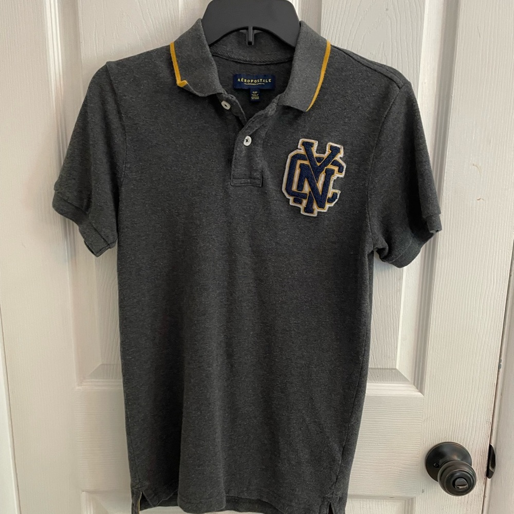 Aeropostale Polo Shirt Adult Small Gray NYC Patch Preppy Rugby Casual Mens